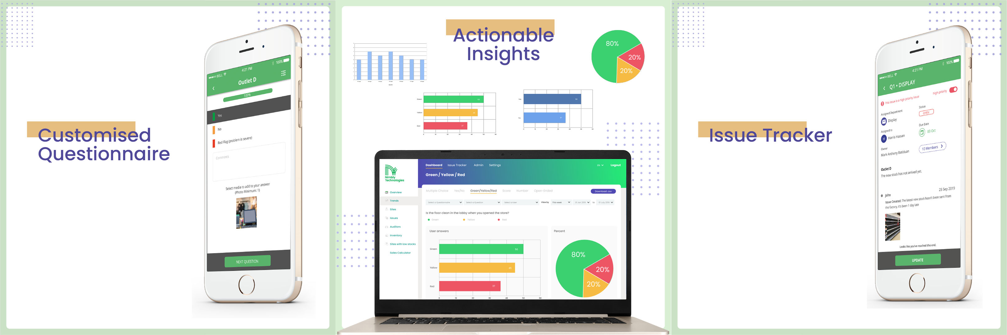 Nimbly features that will help operations manager: digital questionnaire, issue tracker, and real-time dashboard.